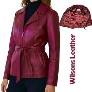Wilsons Leather Pelle Studio Jacket Maroon Pockets Belt Zip Insulated Coat Sz L